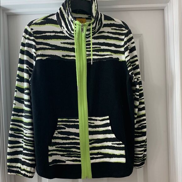 Ruby Rd. zip-up jacket w/drawstring neck .  Black/white w/lime green trim.  EUC - Picture 1 of 10